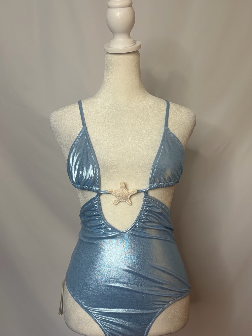 Metallic Light Blue Cutout One-Piece Swimsuit with Star Accent